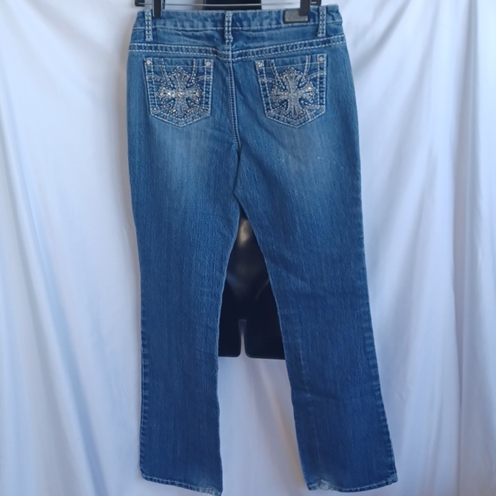 Earl Jeans cross rhinestone jeans 9" rise stretch, sz 8